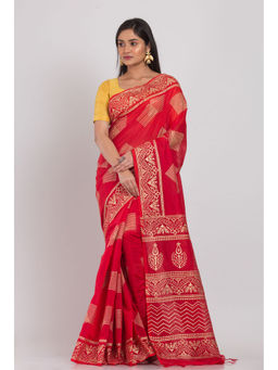 Angoshobha - Red Handloom Festive Cotton Silk Saree with Unstitched Blouse
