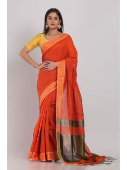 Angoshobha - Orange Handloom Cotton Silk Saree with Unstitched Blouse