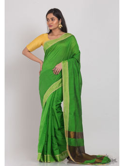 Angoshobha - Parrot Green Handloom Cotton Silk Saree with Unstitched Blouse