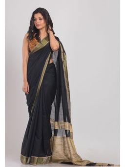 Angoshobha - Black Handloom Blended Cotton Saree with Unstitched Blouse