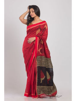 Angoshobha - Red Handwoven Cotton Silk Jamdani Saree with Unstitched Blouse