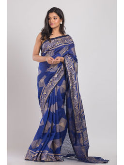 Angoshobha - Blue Handwoven Festive Cotton Silk Saree with Unstitched Blouse