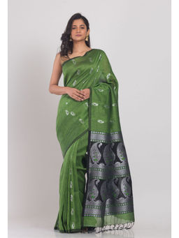 Angoshobha - Green Cotton Linen Handloom Saree with Unstitched Blouse