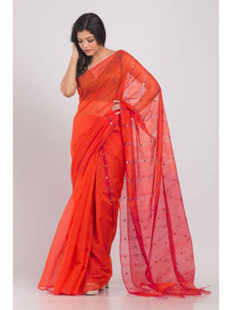 Angoshobha - Orange Cotton Silk Handloom Saree with Unstitched Blouse