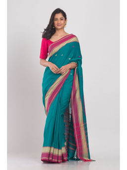 Angoshobha - Teal Handloom Cotton Saree with Unstitched Blouse