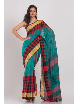 Angoshobha - Teal Cotton Jamdani Saree with Unstitched Blouse