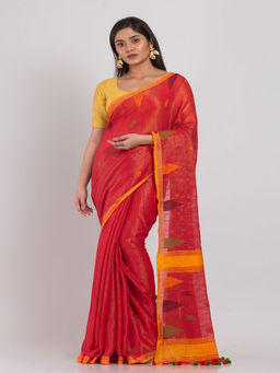 Angoshobha - Fire Red Soft Cotton Silk Handloom Saree with Unstitched Blouse