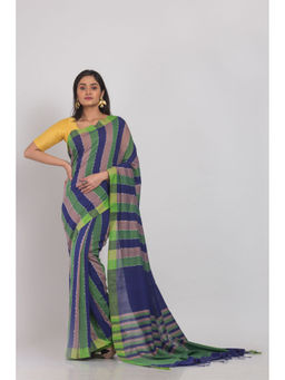 Angoshobha - Blue and Green Handloom Cotton Saree with Unstitched Blouse