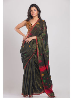 Angoshobha - Black and Green Handwoven Cotton Saree with Unstitched Blouse