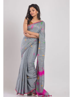 Angoshobha - Grey Handwoven Cotton Saree with Unstitched Blouse