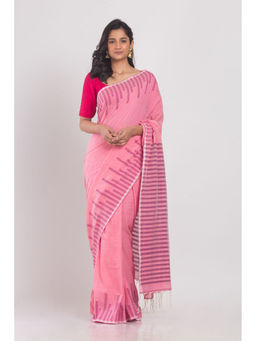 Angoshobha - Pink Temple Border Cotton Saree with Unstitched Blouse