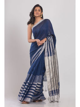 Angoshobha - Blue Linen Saree with Silver Zari Pallu and Border with Unstitched Blouse