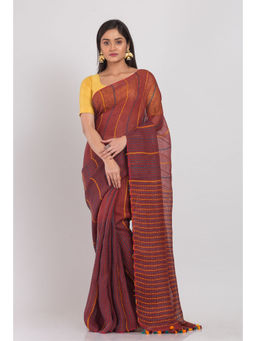 Angoshobha - Brown Handloom Linen Saree with Unstitched Blouse