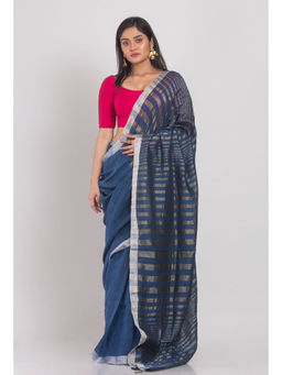Angoshobha - Blue Handloom Linen Saree with Unstitched Blouse