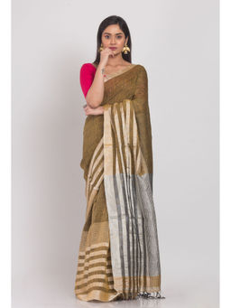 Angoshobha - Silver Zari Border Golden Handloom Linen Saree with Unstitched Blouse