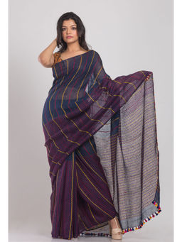 Angoshobha - Navy Blue Handwoven Linen Saree with Unstitched Blouse