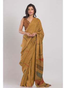 Angoshobha - Dark Brown Handwoven Linen Saree with Unstitched Blouse