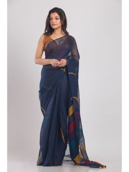 Angoshobha - Navy Blue Handwoven Linen Saree with Unstitched Blouse