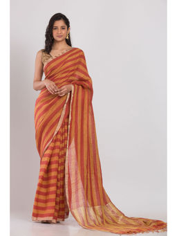 Angoshobha - Orange and Red Stripes Handwoven Linen Saree with Unstitched Blouse