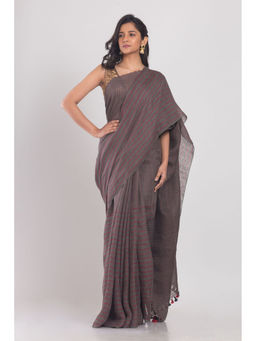 Angoshobha - Grey Handwoven Linen Saree with Unstitched Blouse