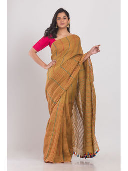 Angoshobha - Mustard Brown Handwoven Linen Saree with Unstitched Blouse