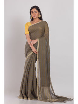 Angoshobha - Brown and Grey Handwoven Linen Saree with Unstitched Blouse