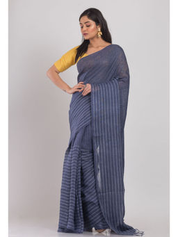 Angoshobha - Blue Grey Handwoven Linen Saree with Unstitched Blouse