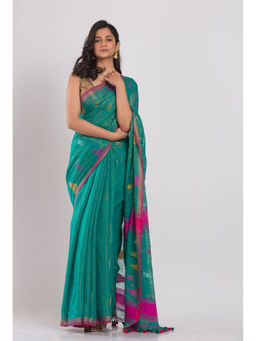 Angoshobha - Teal Soft Cotton Handwoven Cotton Saree with Unstitched Blouse