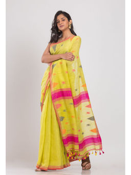 Angoshobha - Yellow Soft Cotton Handwoven Cotton Saree with Unstitched Blouse