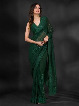 Koskii - Bottle Green Sequins Georgette Saree with Unstitched Blouse