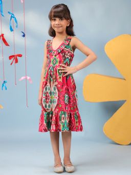 Rain & Rainbow - Girls Printed V-Neck Pure Cotton Fit And Flared Ethnic Dresses