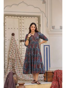 Rain & Rainbow - Printed V-Neck Fit And Flare Ethnic Dresses