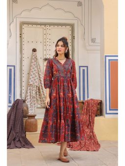 Rain & Rainbow - Printed V-Neck Fit And Flare Ethnic Dresses