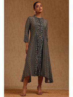 Soch - Womens Blue Muslin Ethnic Motifs Hand Embroidered Dress With Sequins