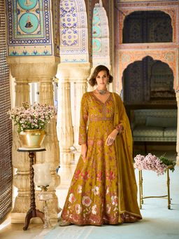 Vaamsi - Women Mustard Georgette Solid Embroidered Anarkali Gown With Dupatta