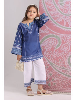 HOUSE OF KARI - Blue Cotton Blend Round Neck Floral Print Kurta With Palazzo