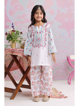 HOUSE OF KARI - White Cotton Blend Round Neck Floral Print Kurta With Palazzo