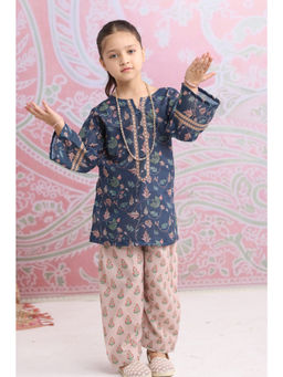 HOUSE OF KARI - Navy Blue Cotton Blend Round Neck Floral Print Kurta With Pant