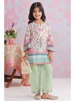 HOUSE OF KARI - Green Cotton Blend Round Neck Floral Print Kurta With Palazzo