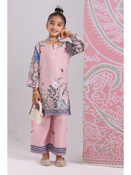 HOUSE OF KARI - Pink Cotton Blend Round Neck Floral Print Kurta With Palazzo
