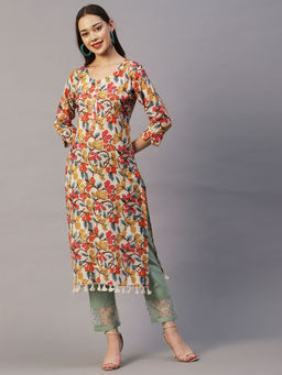 FASHOR - Floral Printed Straight Fit Linen Blend Kurta - Multi