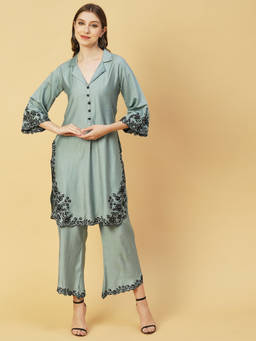 FASHOR - Resham Cutwork Embroidered Kurta With Palazzos - Slate Green (Set of 2)