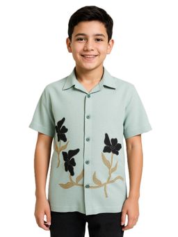 CAVIO - Boys Green Half Sleeves Floral Embroidered Shirt