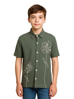 CAVIO - Boys Olive Half Sleeves Floral Embroidered Casual Shirt
