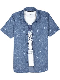 CAVIO - Boys Blue Half Sleeves Floral Printed Shirt with T-shirt