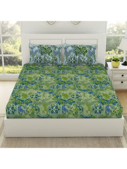 SPACES - Ikkat Pure Cotton King Fitted Bedsheet-Macaw Green