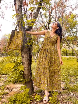 Sivaka India - Green Bagru Handblock Gathered Cotton Dress