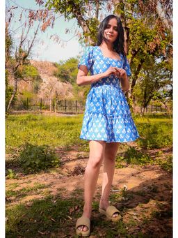 Sivaka India - Blue Handblock Printed Cotton Short Dress