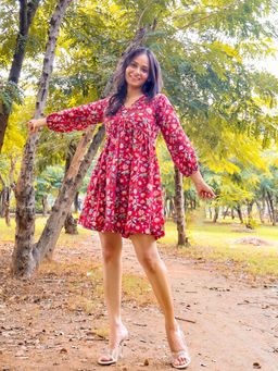 Sivaka India - Red Floral Handblock Print Puff Sleeves Cotton Short Dress