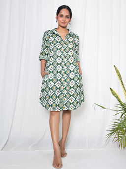 Sivaka India - Green Ikat Print Collared Cotton Shirt Dress